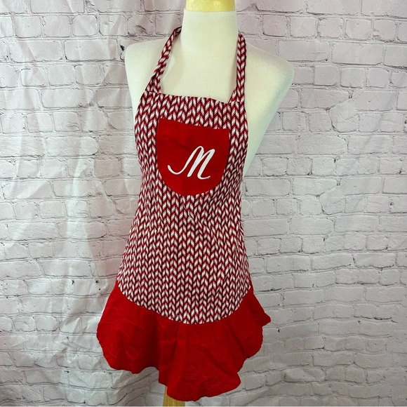 handmade apron embroidered M monogram one size cottagecore holiday red - Picture 1 of 4